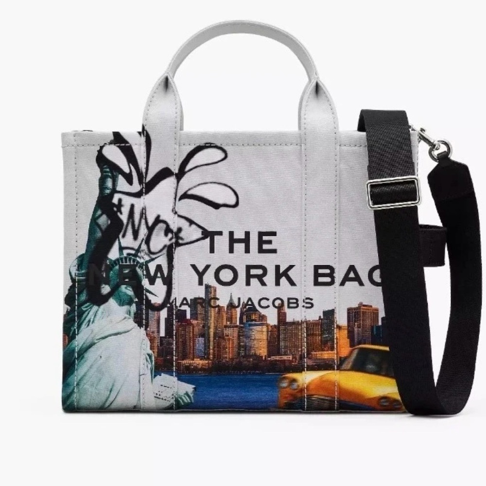 Marc Jacobs White Multi New York Graphic Canvas Tote with Black Strap